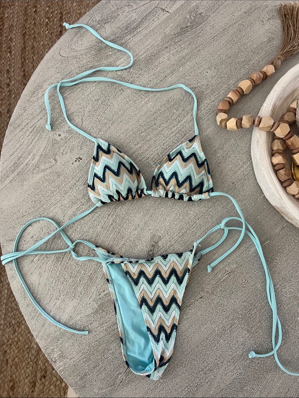 Chevron String Bikini Set in Aqua, white & Tan